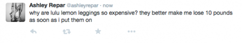 Ashley Repar expresses her feelings about the expenses on LuluLemon leggings to the twitter world 