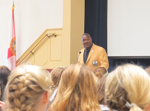 Derrick Brooks shared his thoughts on character with the Academy students along with funny stories about his childhood.