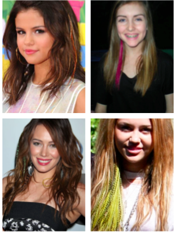Selena Gomez, Gillian Dunne, Hilary Duff, and Miley Cyrus wearing their multicolored hair feathers. 