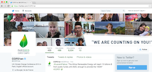 A view of COP 21s English Twitter page. It provides daily updates and information on progress being made at the summit.