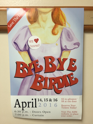 Posters advertising Bye-Bye Birdie are scattered all around the school inviting students to support their friends and have  good time!