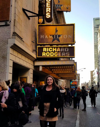 Junior Lexie Diez shows her excitement before entering the Richard Rogers Theater to see the show. Credit: Lexie Diez  (used with permission)