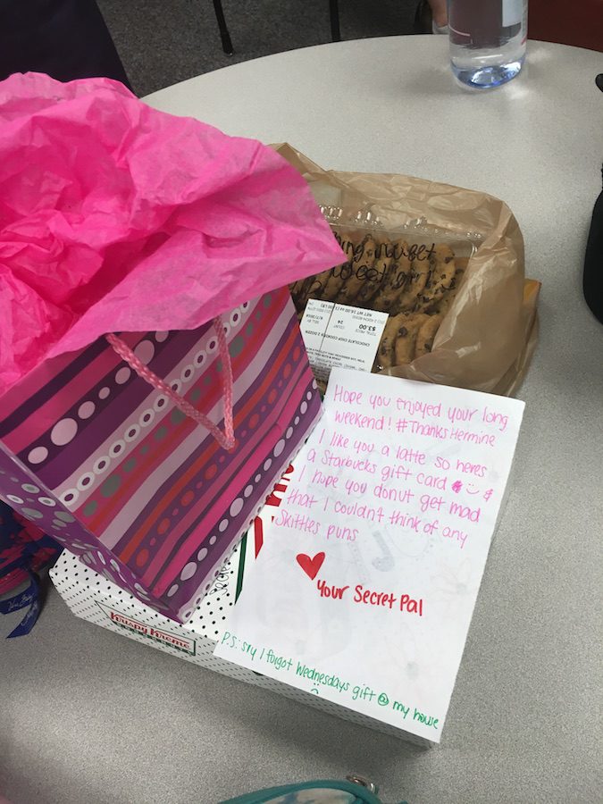 
The secret pals wrote each other notes with puns on them on their gifts.
