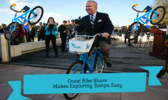 Mayor Bob Buckhorn rides a Coast bike at Curtis Hixon Park.
Photo Credit: Richard Danielson/Tampa Bay Times - Edited by Sara Phillips