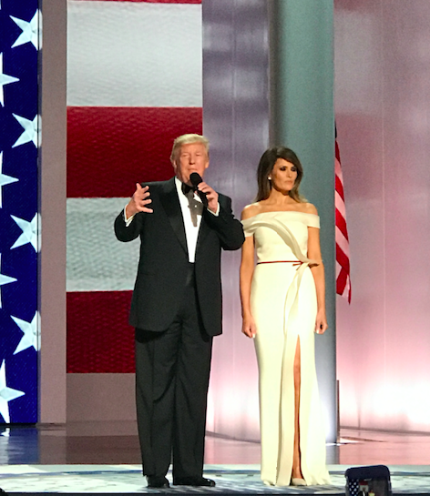 President Trump speaks alongside First Lady Melania before their first dance as President and First lady