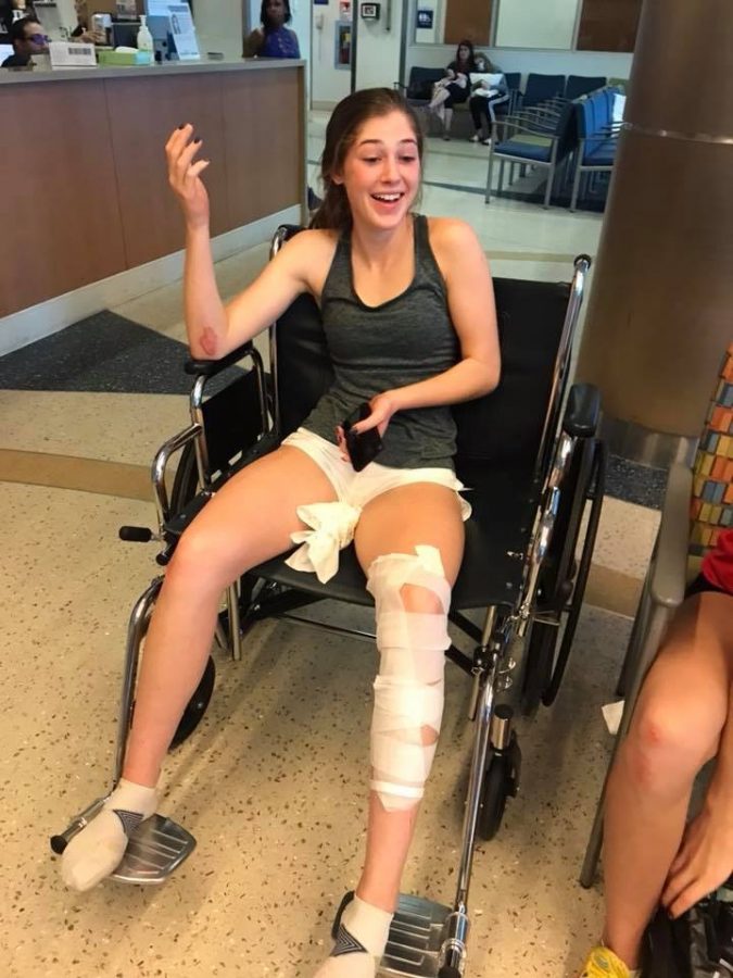 Hogan+was+in+a+wheelchair+after+getting+stitches+but+quickly+switched+to+crutches.+%28Photo+Credit%3A+Gabby+Hogan%2F+Achona+Online%29