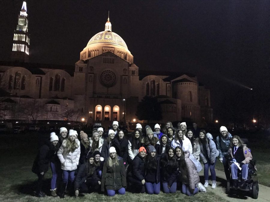 Caption: 31 girls from the Academy of the Holy Names, in front of the Basilica of the National Shrine of the Immaculate Conception, went to the annual March for Life in Washington, D.C. 