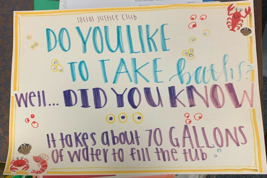 AHNs Social Justice Club is making posters to hang in the school, depicting different water-related statistics. 