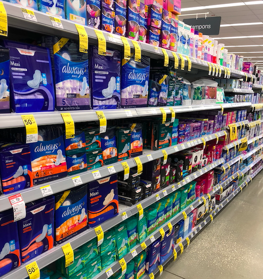 The feminine hygiene aisle at Walgreens, offering an assortment of different options.