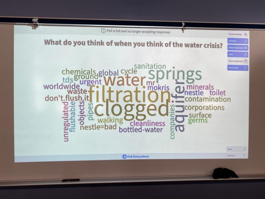 On the last day of the Social Justice Club Rose Project, students wrote words that they now associate with the water crisis after days of learning about it through presentations, lectures, and films/documentaries.