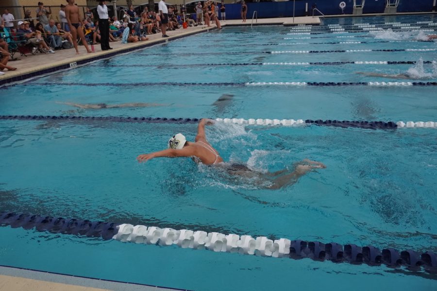 Third-year member Jenna Fonsing (23) competes in the 200 meter butterfly. 