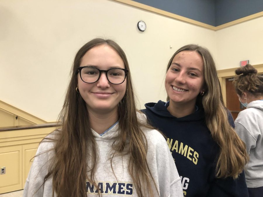 Seniors Eleanor Amoriello and Gabby Bahr excited to be maskless for the first day since March 2020. 