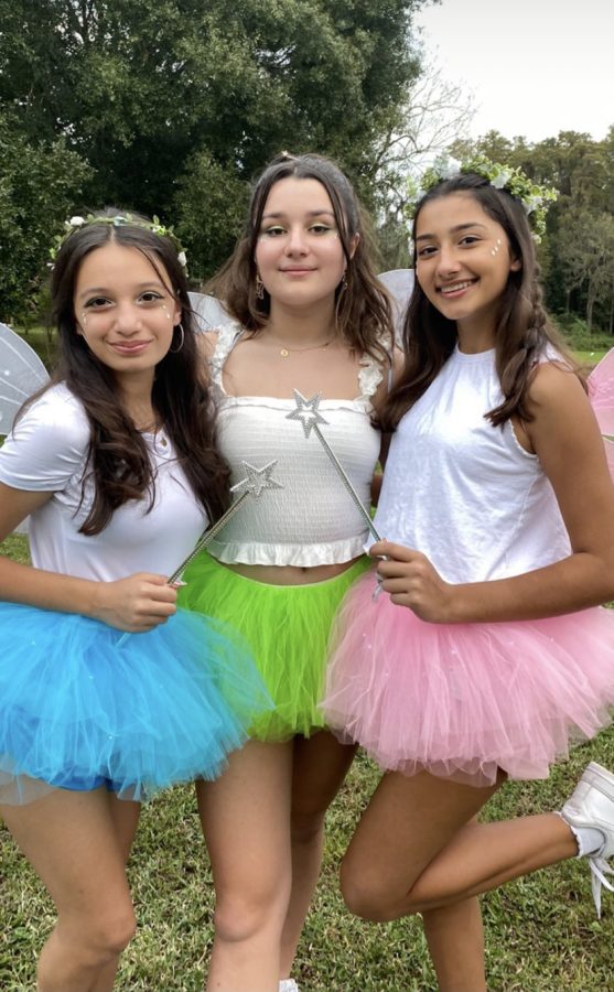 Freshmen Sarah Younes, Gia Joseph, and Cate Pena dressed as fairies. They got their adorable matching outfits from Amazon. 