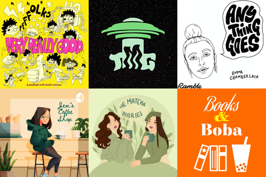 The covers of podcasts including Very Really Good, TMG, Anything Goes, Jems Coffee Shop, The Matcha Diaries, and Books and Boba. 
