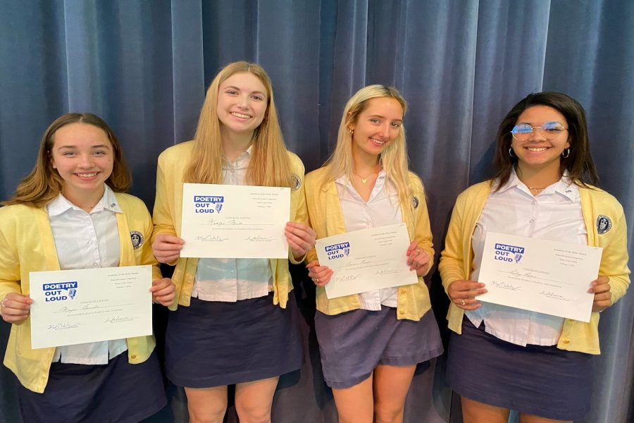 Maya Arevalo (25), Katelyn Micko (24), Riley Rubio (23), and Anna Reins (22) with their respective awards after the Poetry Out Loud school-wide competition.