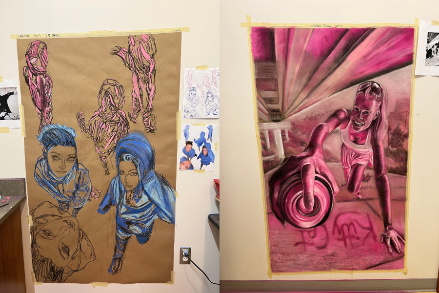 In progress end of the year artwork by 2D Art Honors artists Jordan Ritter and Caitlin Han. 