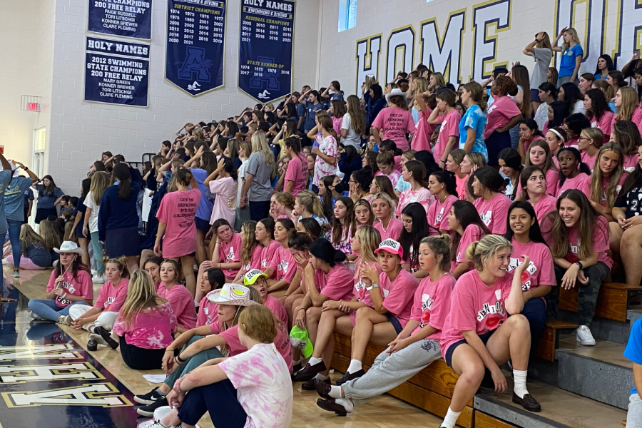 Seniors wore their senior shirts for the first time together at all-school orientation.