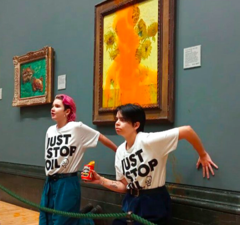 Recent climate change protesters threw Heinz tomato sauce at an encased Van Gogh painting Sunflower. 