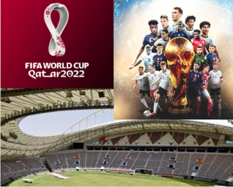 Pictured is the offical Fifa World Cup logo for 2022 as well as one of the stadiums that the teams compete in. The official trophy is surrounded by members of the countries that qualified this year. 