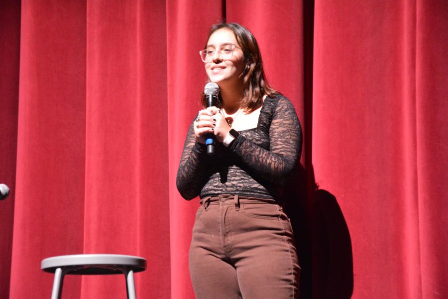 Student director Ximena Sanchez (23) delivers a speech before the beginning of her one act.