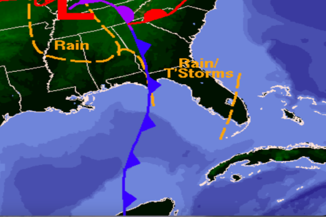 This photo shows Florida with the symbol of a cold front coming across the state. 