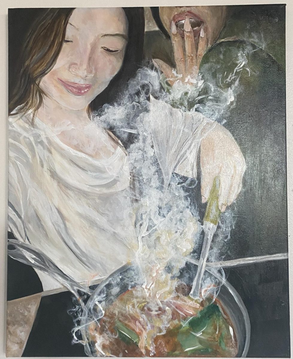 Sophia Moore (24) depicts an elaborate event in where a girl is seen cooking alongside her friend, almost as if the smoke is arising from the painting itself.