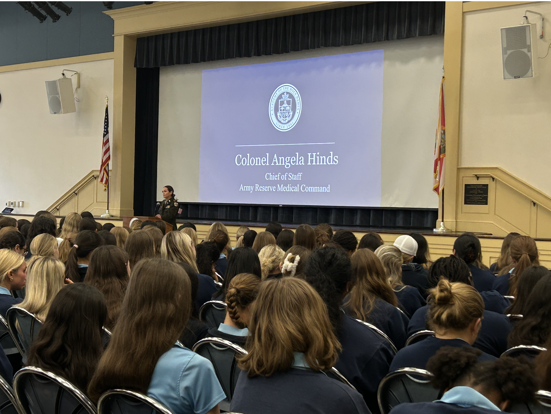 Colonel Angela Hinds giving the student body a speech about her experience as a women in the army, and how she got to her current rank.