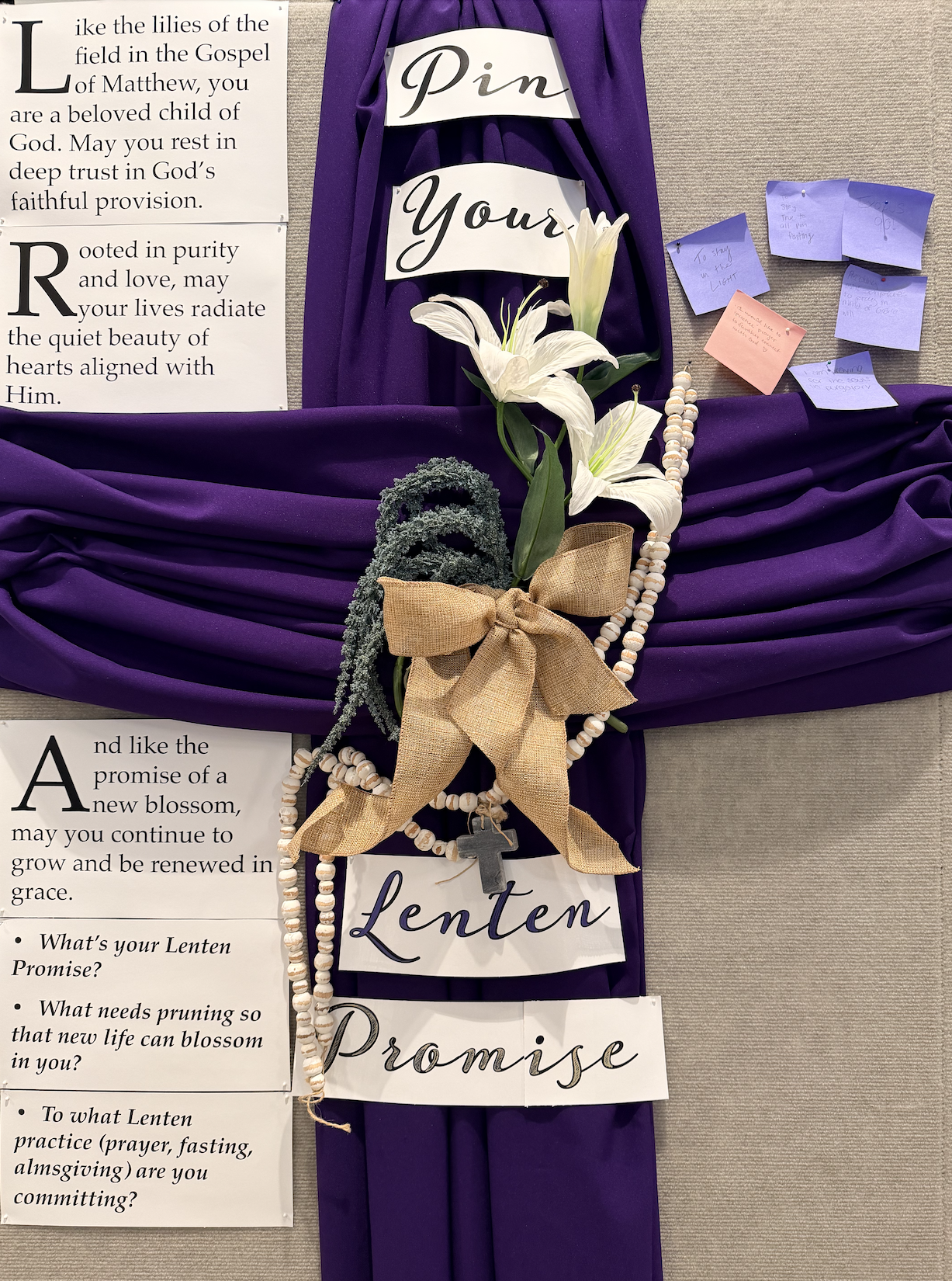 Lent board on the second floor stairs for students to write down their Lenten promise