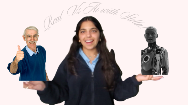 Stella posing with a human on one hand and AI on the other hand.